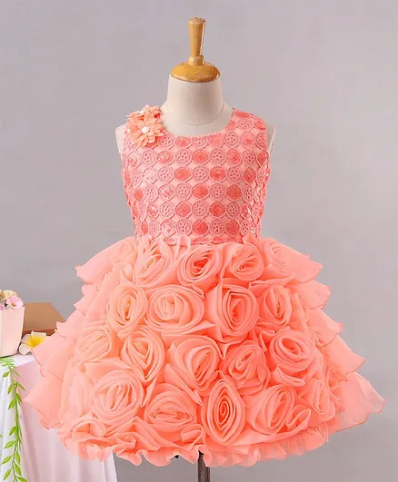 Enfance Sleeveless Rose Applique Fit & Flared Dress - Peach