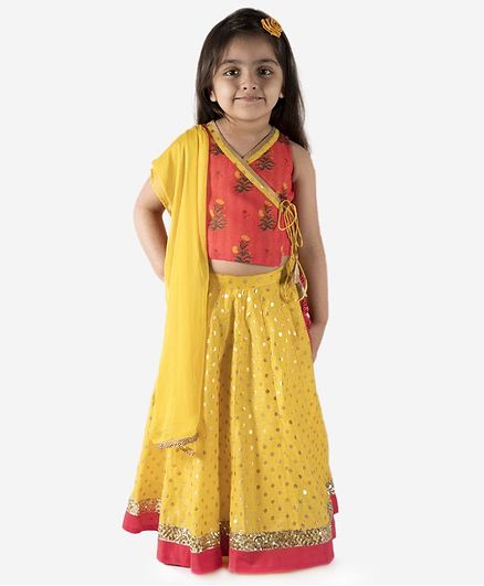 Lil Peacock Sleeveless Floral Print Choli With Chanderi Lehenga & Dupatta - Yellow