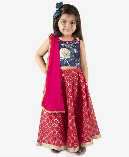 Lil Peacock Sleeveless Floral Print Choli With Chanderi Lehenga & Dupatta - Navy Blue & Pink