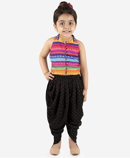 Lil Peacock Sleeveless Striped Top With Dhoti - Multi Colour
