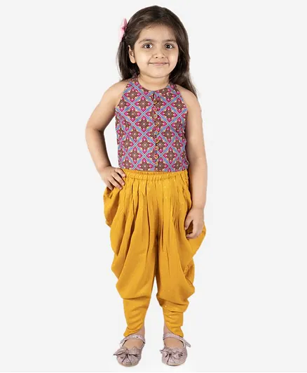 Lil Peacock Sleeveless Floral Print Top With Dhoti - Multi Colour