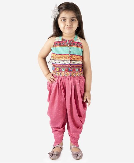 Lil Peacock Sleeveless Top With Dhoti - Pink