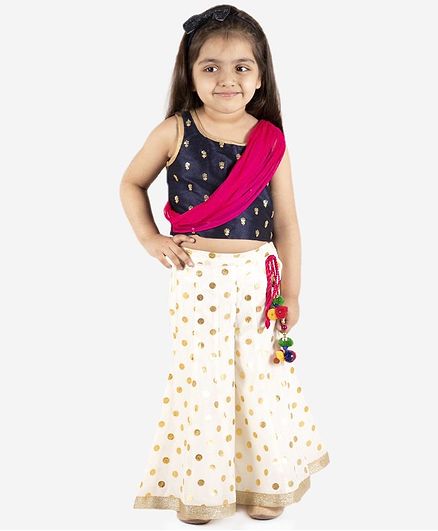 Lil Peacock Sleeveless Floral Embroidered Top With Palazzo & Dupatta - Navy Blue