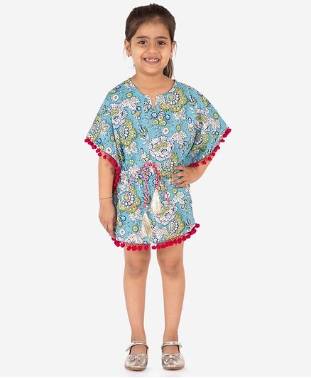 Lil Peacock Half Sleeves Floral Print Dress - Light Blue