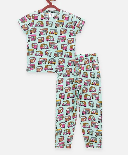 Lilpicks Couture Auto Print Half Sleeves Night Suit - Green