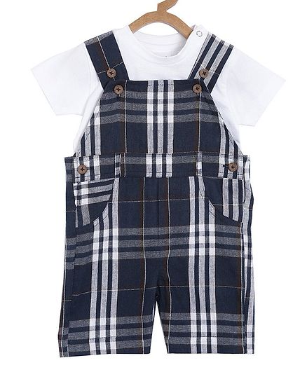 Aomi Half Sleeves T-Shirt With Checked Dungaree - Navy Blue