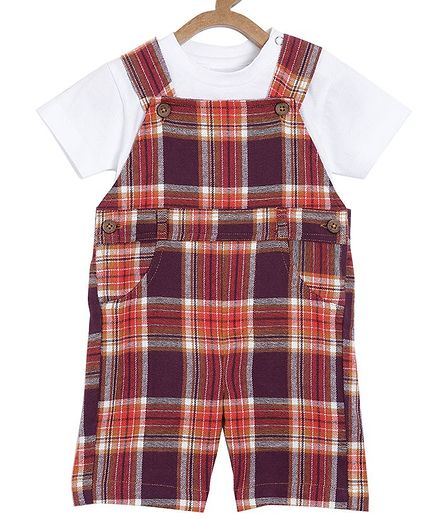 Aomi Half Sleeves T-Shirt With Checked Dungaree - Red
