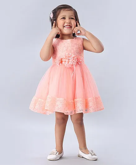Babyhug Sleeveless Party Frock Floral Corsage - Peach