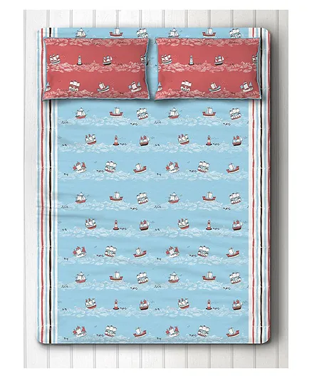 Silverlinen Sea & Ships Double Bed Sheet With Two Pillow Covers - Blue