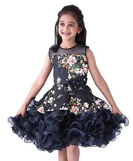 Babyhug Girls Sleeveless Frock Floral Print - Navy Blue