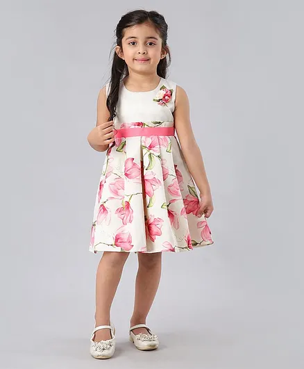 Babyhug Sleeveless Frock Floral Print - Off White