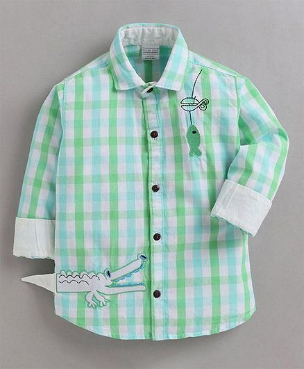 Polka Tots Full Sleeves Shirt Crocodile Eating Fish - Green
