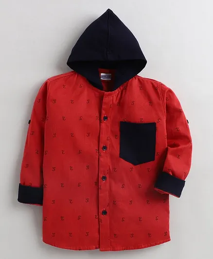 Polka Tots Full Sleeves Printed Hooded Shirt - Red
