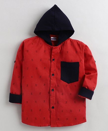 Polka Tots Full Sleeves Printed Hooded Shirt - Red
