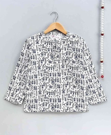 The Little Fashionistas Full Sleeves Wali Print Short Style Kurti - White & Blue