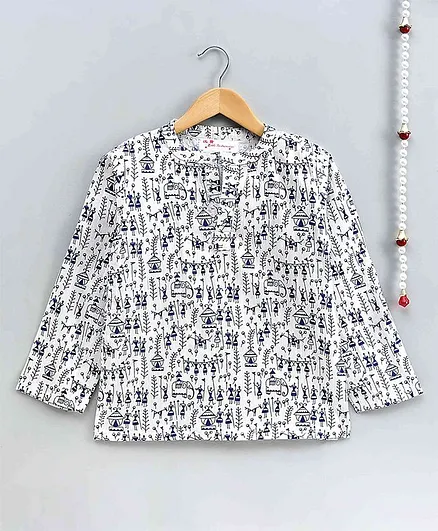 The Little Fashionistas Full Sleeves Wali Print Short Style Kurti - White & Blue