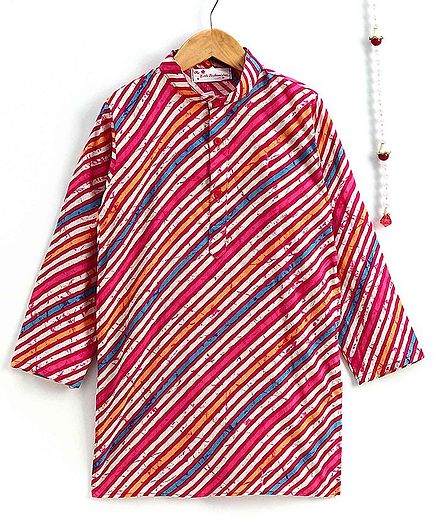 The Little Fashionistas Full Sleeves Traditional Leheria Print Cotton Kurta - Pink