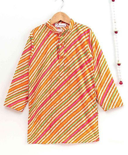 The Little Fashionistas Full Sleeves Traditional Leheria Print Cotton Kurta - Orange