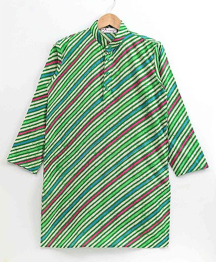 The Little Fashionistas Full Sleeves Traditional Leheria Print Cotton Kurta - Green