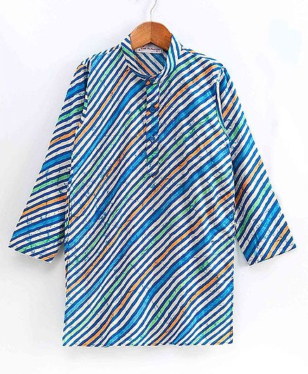 The Little Fashionistas Full Sleeves Traditional Leheria Print Cotton Kurta - Blue