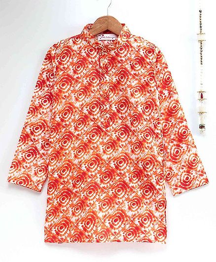The Little Fashionistas Full Sleeves Traditional Batik Print Cotton Kurta - Orange