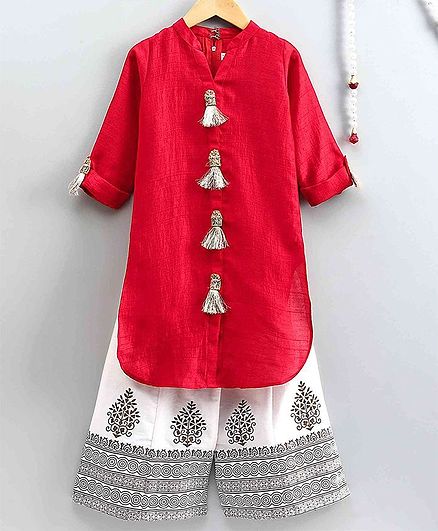 The Little Fashionistas Full Sleeves Tassel Kurta Wth Palazzo - Red & Off White