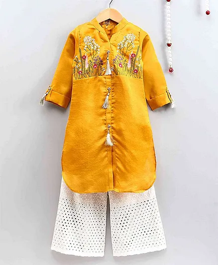 The Little Fashionistas Full Sleeves Flower Embroidered Elegant Kurti With Flared Hakoba Palazzo - Yellow & Off White