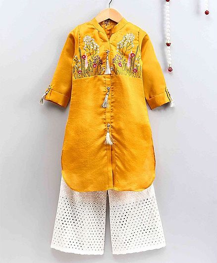 The Little Fashionistas Full Sleeves Flower Embroidered Elegant Kurti With Flared Hakoba Palazzo - Yellow & Off White