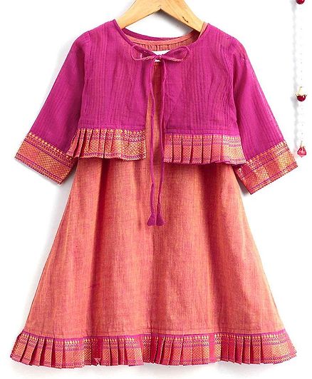 The Little Fashionistas Full Sleeves Dress With Frilled Border Jacket - Pink & Peach
