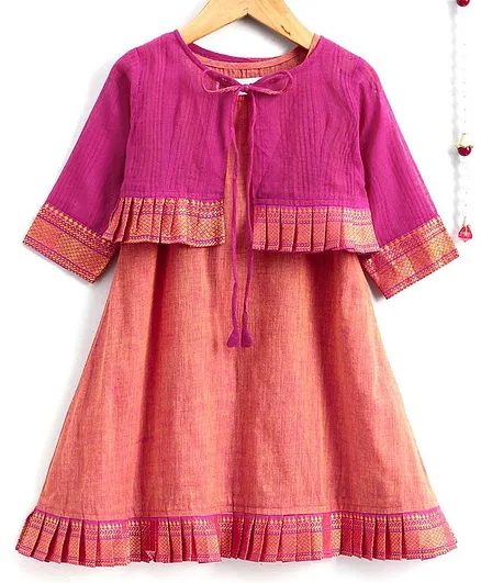 The Little Fashionistas Full Sleeves Dress With Frilled Border Jacket - Pink & Peach