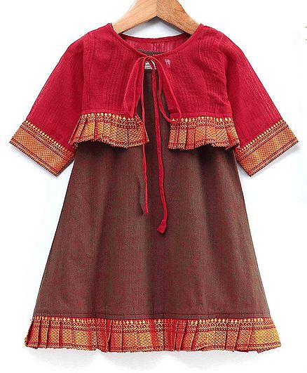 The Little Fashionistas Full Sleeves Dress With Frilled Border Jacket - Red & Green