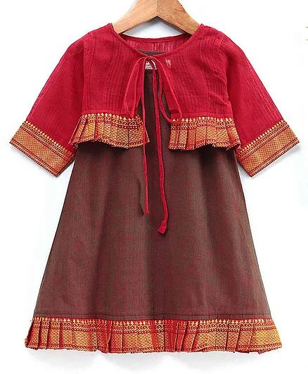 The Little Fashionistas Full Sleeves Dress With Frilled Border Jacket - Red & Green