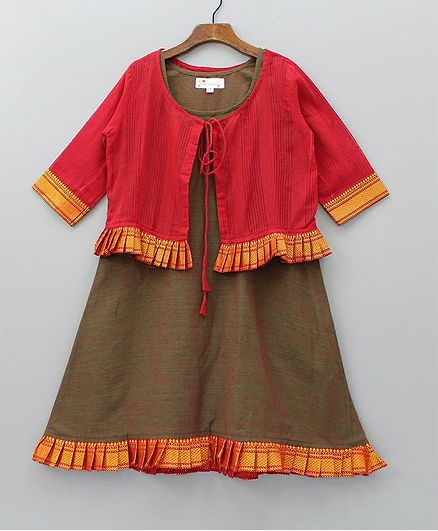 The Little Fashionistas Full Sleeves Dress With Frilled Border Jacket - Red & Green
