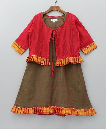The Little Fashionistas Full Sleeves Dress With Frilled Border Jacket - Red & Green