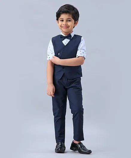 Babyhug 3 Piece Party Suit with Bow - White Navy