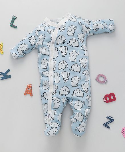ROYAL BRATS Full Sleeves Elephant Print Romper - Sky Blue