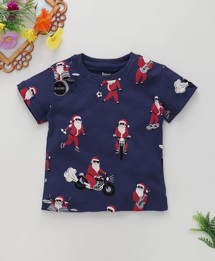 ROYAL BRATS Half Sleeves Santa Claus Print T-Shirt - Blue