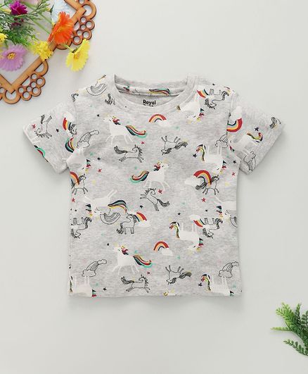 ROYAL BRATS Half Sleeves Unicorn Print T-Shirt - Grey