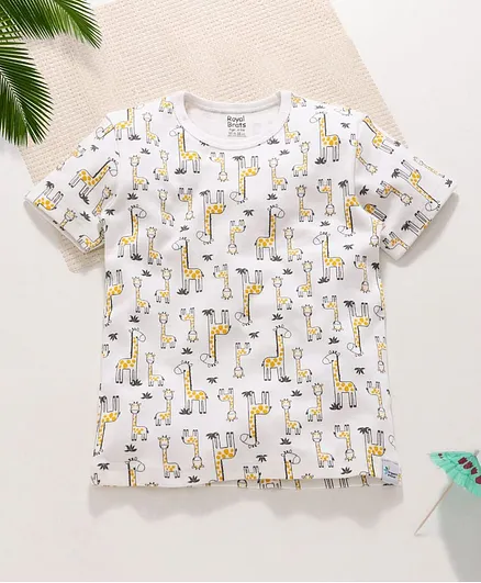 ROYAL BRATS Half Sleeves Giraffe Print T-Shirt - White