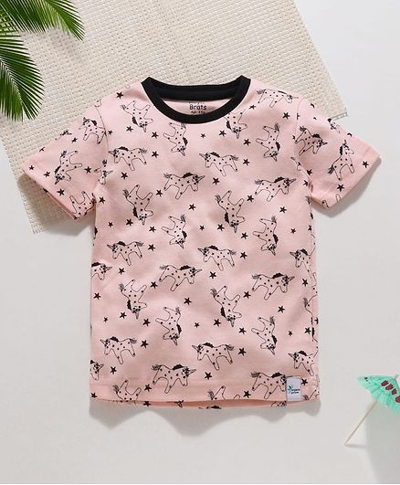 ROYAL BRATS Half Sleeves Unicorn Print T-Shirt - Pink