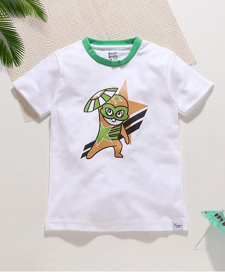 ROYAL BRATS Half Sleeves Cartoon Print Design T-Shirt - White