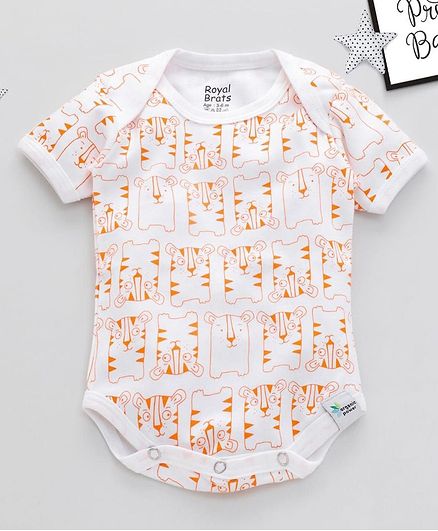 ROYAL BRATS Half Sleeves Tiger Print Onesie - White & Orange