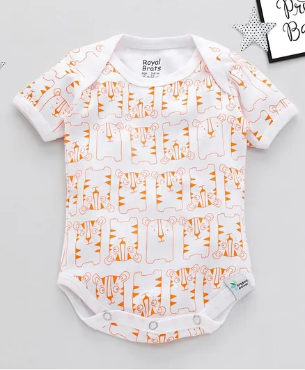 ROYAL BRATS Half Sleeves Tiger Print Onesie - White & Orange