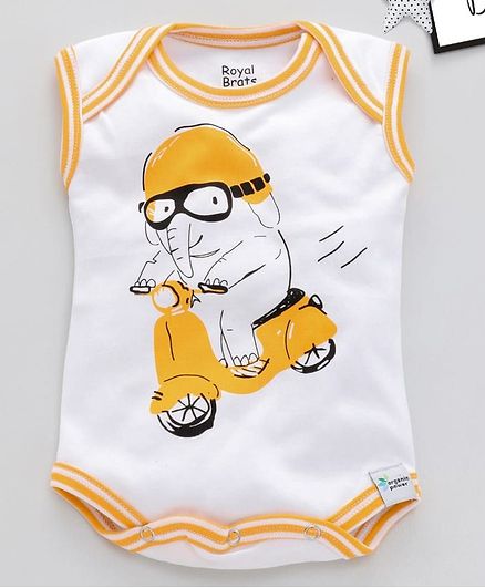 ROYAL BRATS Sleeveless Baby Elephant Print Design Onesie - White & Yellow
