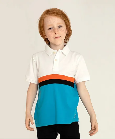 Cherry Crumble by Nitt Hyman Half Sleeves Colour Block Pattern Polo Tee - White & Blue