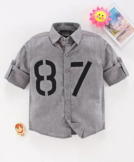 Rikidoos Roll Up Full Sleeves Number 87 Printed Shirt - Grey