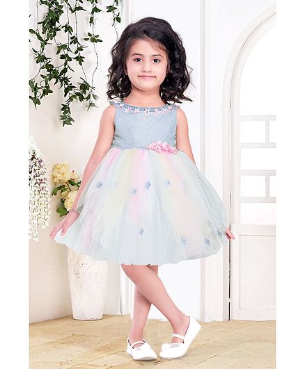 Fiona Sleeveless Flower Detailing Fit & Flare Net Dress - Blue