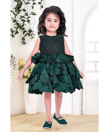 Fiona Sleeveless Dots Embellished Fit & Flare Dress - Dark Green