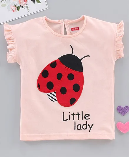 Babyhug Frill Sleeves Top Little Lady Print - Peach