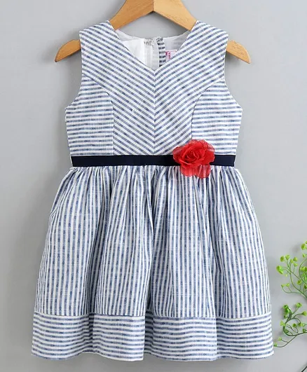 Rassha Striped Sleeveless Flower Detailing Dress - Blue
